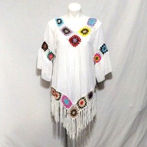 Asha Boho Crochet Fringe Oversized V-Neck Tunic Top S Resortwear Summer Festival